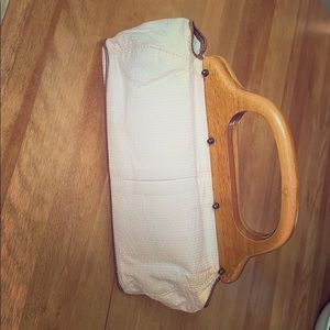 Jcrew pink seer sucker wooden handle purse